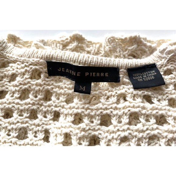 Women’s Jeanne Pierre Size Medium Oatmeal V-Neck Long Sleeve Open Knit Crochet - Picture 10 of 10